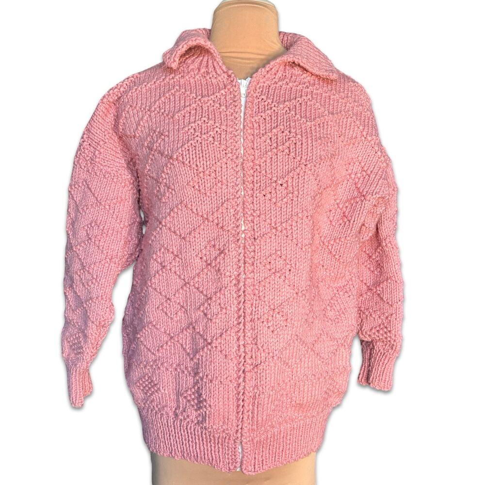 Vintage Handknit Pink Chunky Knit Zip Cardigan Sweater Textured Oversized